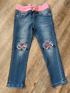 Girls' Dark Blue Denim Jeans with Pink Waistband and Cat Knee Embroidery